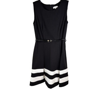 Calvin Klein Fit & Flare Black and White Dress with Belt Women's Size 6 NWOT